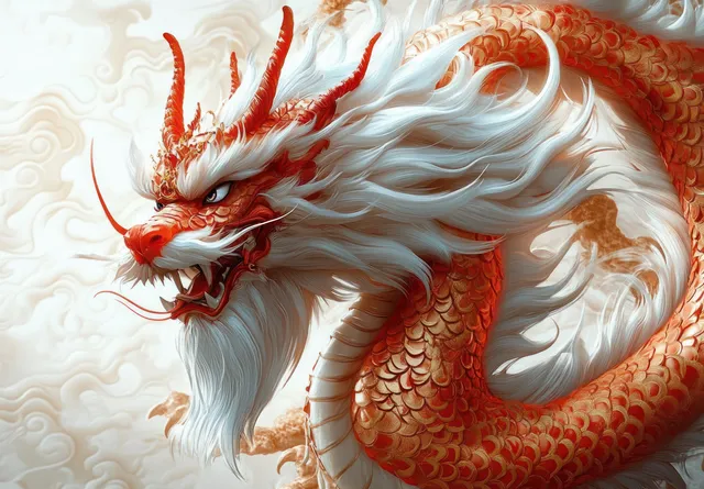 A red and white dragon rears amid swirling clouds with a flowing white mane and intense eyes.