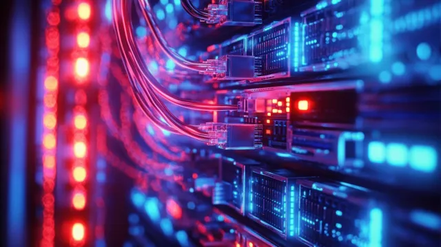 Glowing Ethernet cables inside illuminated server racks with blue red lighting