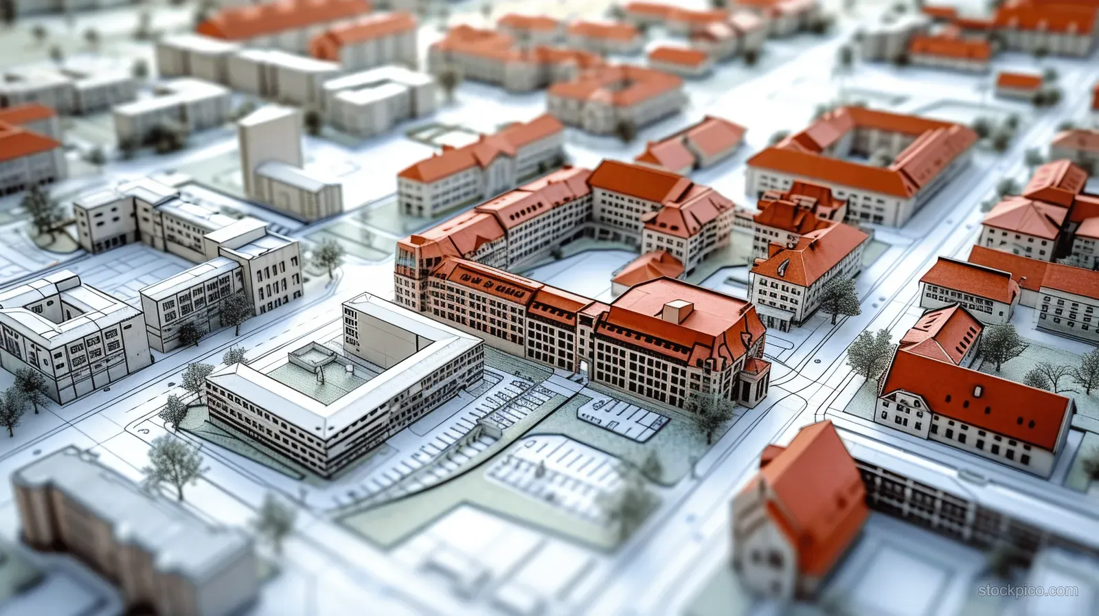 Miniature city model with zoning blocks, intersecting roads, and small park areas laid over a blueprint grid.