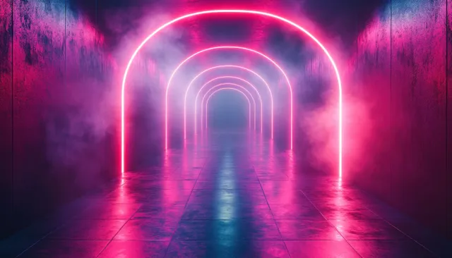 A cyberpunk hallway tunnel with pink neon arch lights, fog, and mirrored reflections on the floor.