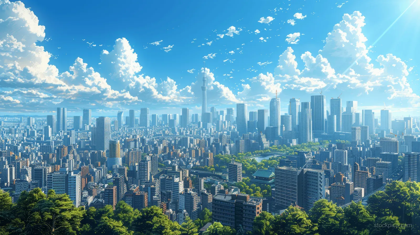 Anime Tokyo skyline view shows skyscrapers above a green foreground under bright blue daytime clouds.