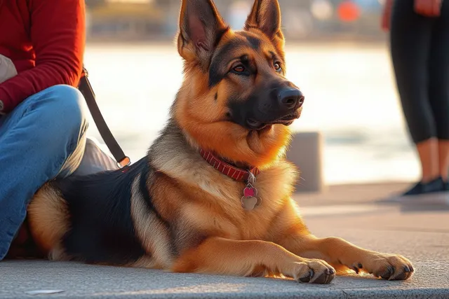 German Shepherd lying alert on a sidewalk next to a seated person during golden hour near water.