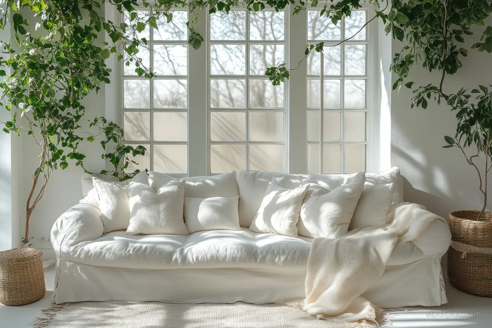 Mother adjusts an air conditioner remote beside a relaxed child on a white Scandinavian sofa in a sunny room.