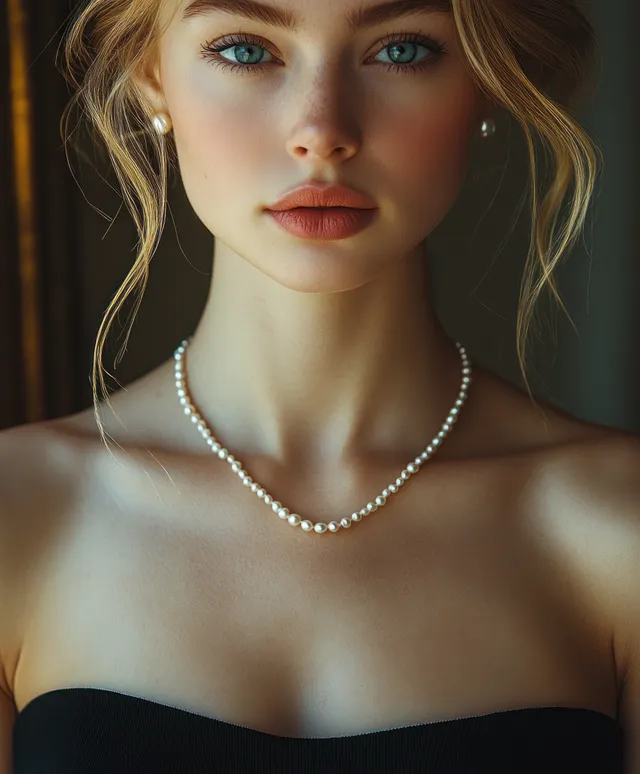 Young woman wearing a pearl necklace, posed against a softly blurred background with luminous skin.