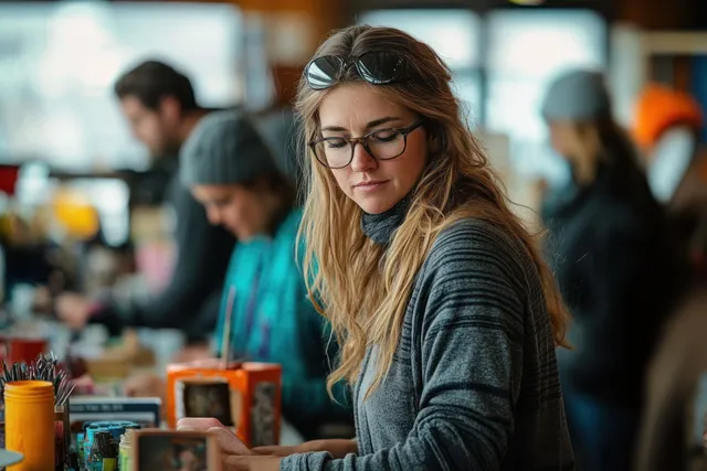 Young woman in glasses in a gray sweater concentrates on a craft project at a busy indoor workshop table.