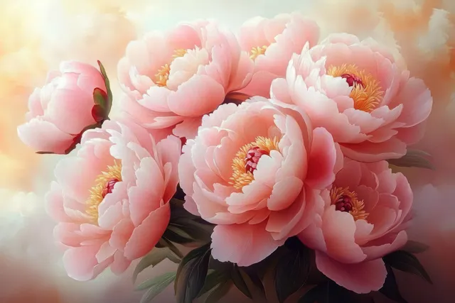 Close-up bouquet of soft pink peonies with yellow stamens in warm pastel light