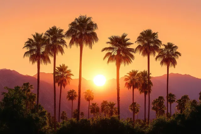 Palm trees stand in silhouette at sunset as the sun sets behind desert mountains in Palm Springs.