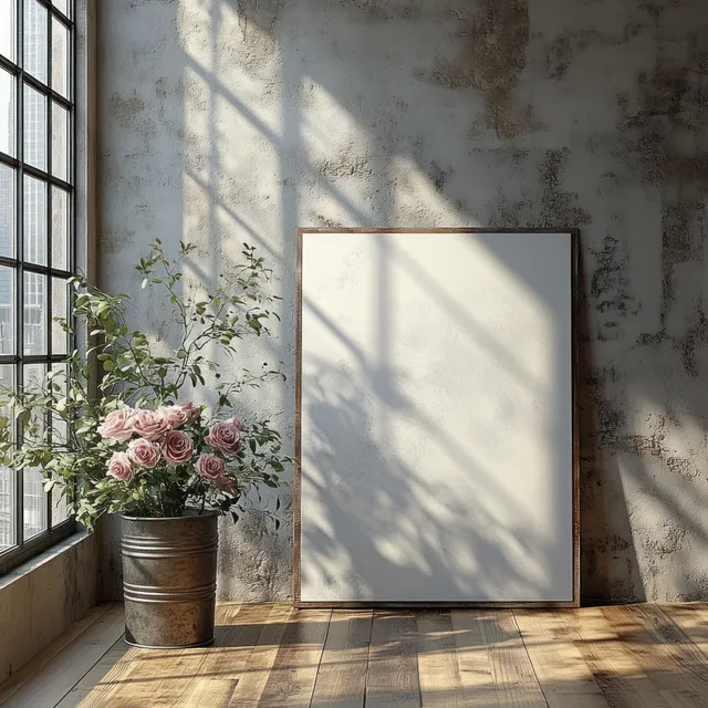 Minimalist interior scene with blank canvas, pink roses in rustic bucket, sunlit shadows