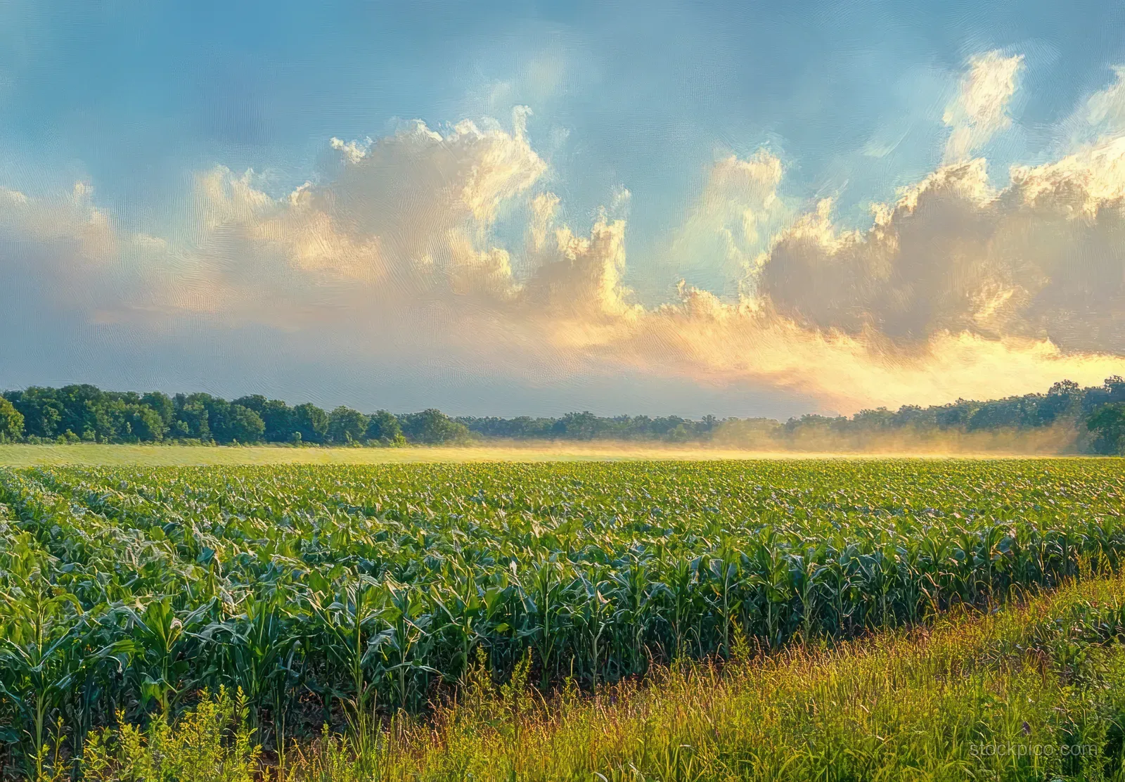 Sunlit green cornfield rows stretch toward a distant treeline under a blue, cloud-filled morning sky.