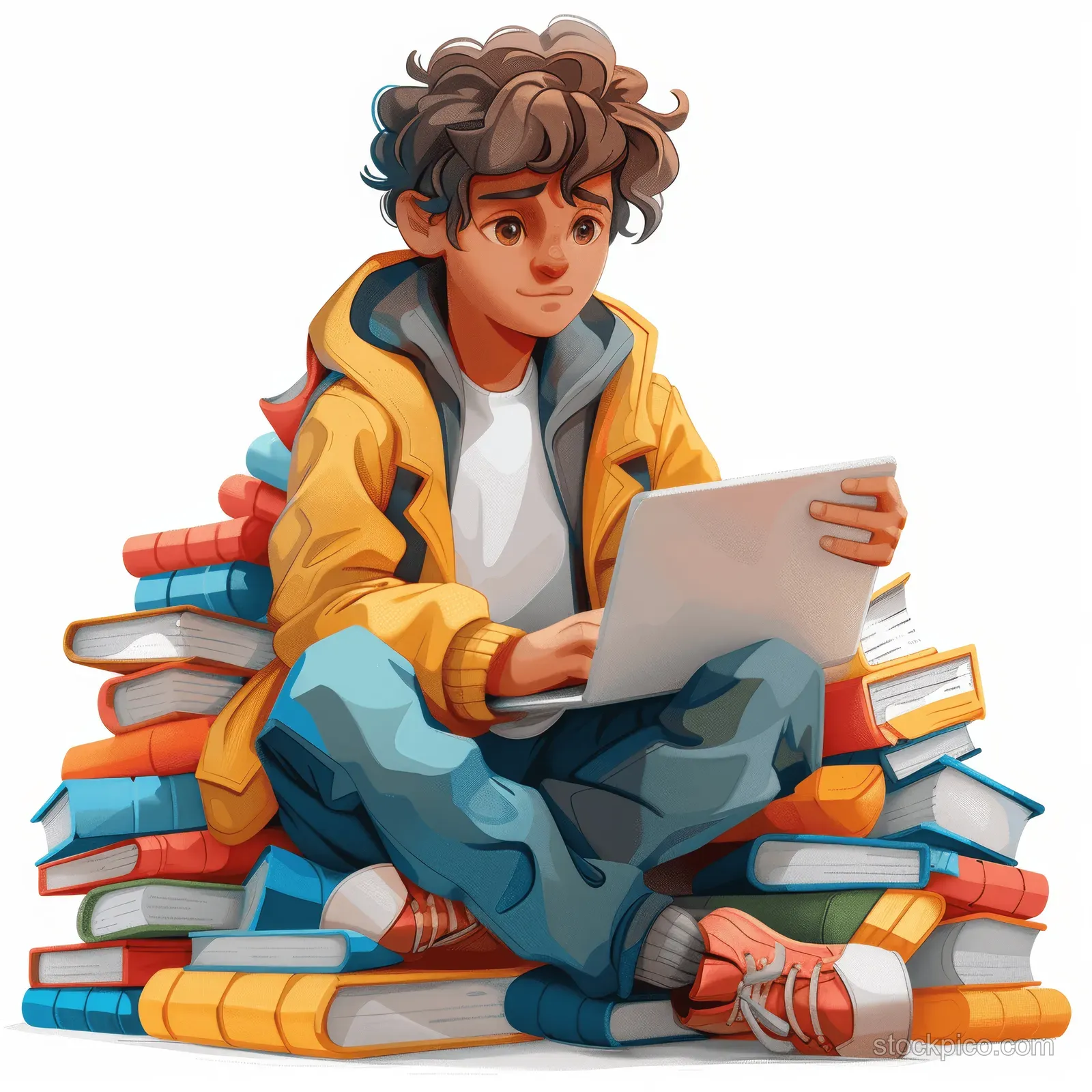 A 3D cartoon student sits on stacked books using a laptop while isolated on a white background.