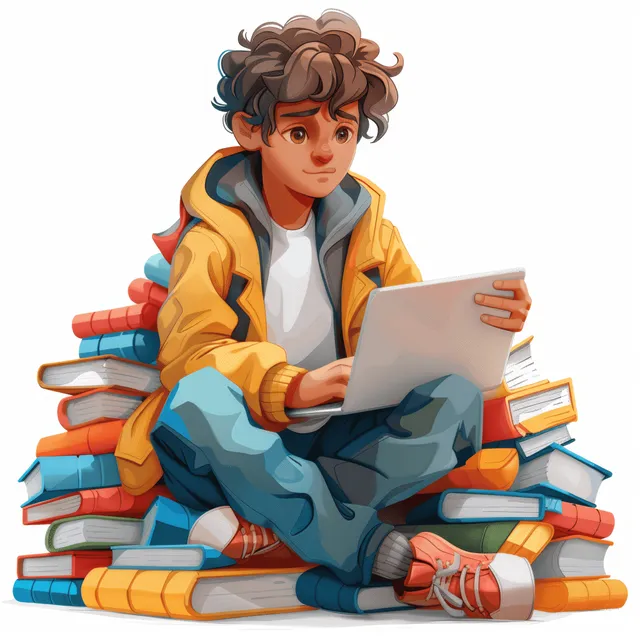 A 3D cartoon student sits on stacked books using a laptop while isolated on a white background.