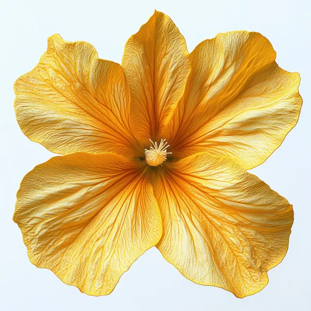Close-up yellow flower with veined petals and centered pistil on a plain light background