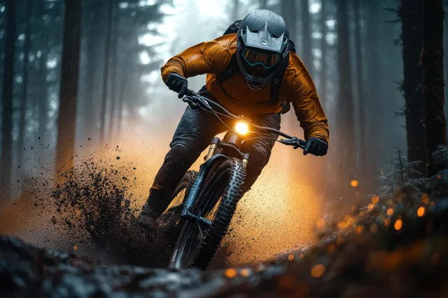 Helmeted mountain biker in orange jacket rides through misty forest, headlight glowing and mud splashing.