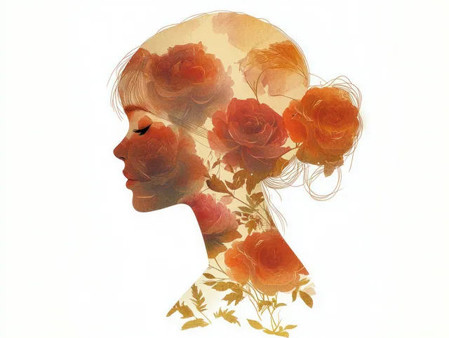 Side profile silhouette of a woman with closed eyes blended with orange roses and leafy details.