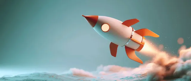A rocket launches through clouds with fiery exhaust against a pastel green background.