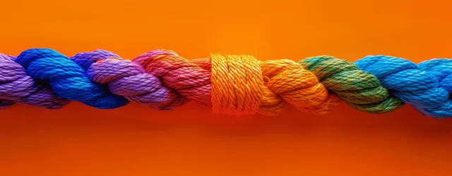 Close-up of colorful braided ropes joined together on an orange background symbolizing teamwork.
