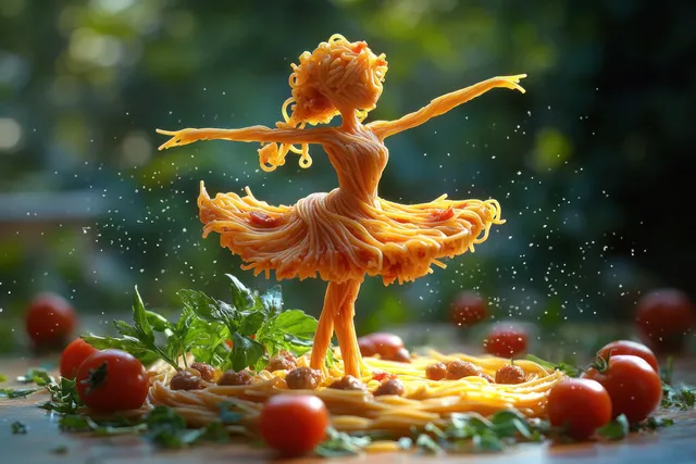 Spaghetti ballet dancer made from tomato sauce twirls on a countertop with cherry tomatoes and herbs around it.