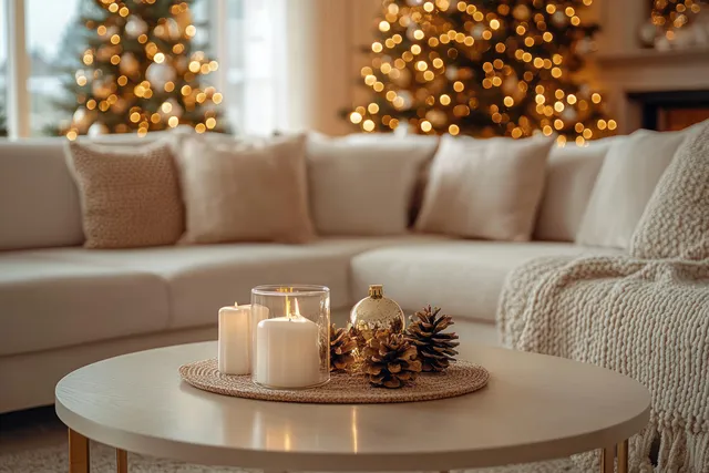 White sectional sofa and knitted throw beside a round wooden table with lit candles, pinecones, and blurred Christmas lights.