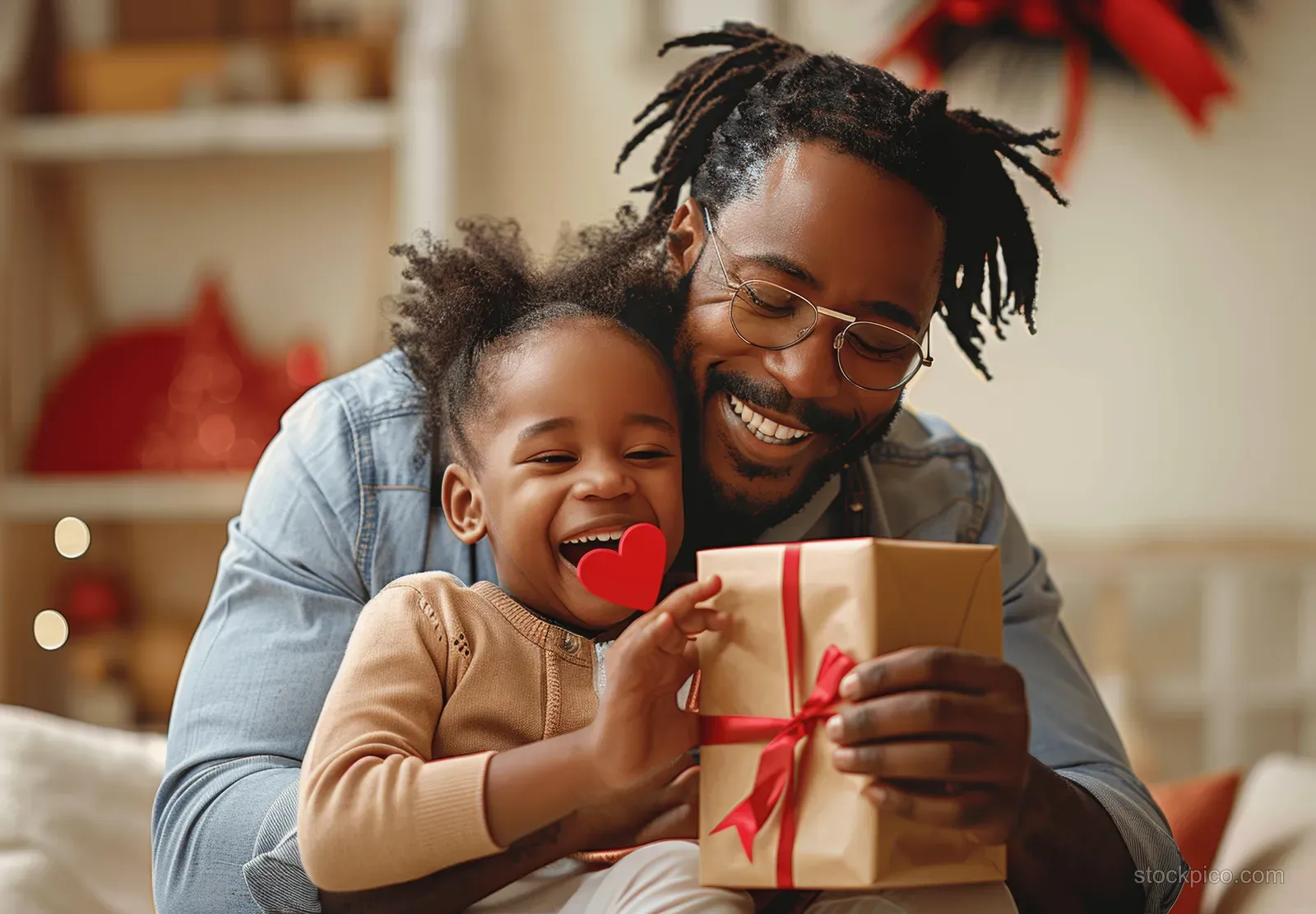 A dad and his son smile at home while holding a homemade heart card and a wrapped gift box.
