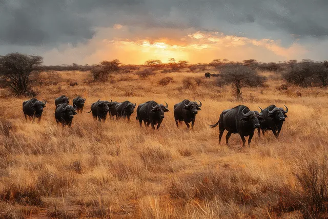 Buffalo herd walking across dry golden grassland at dusk under layered clouds