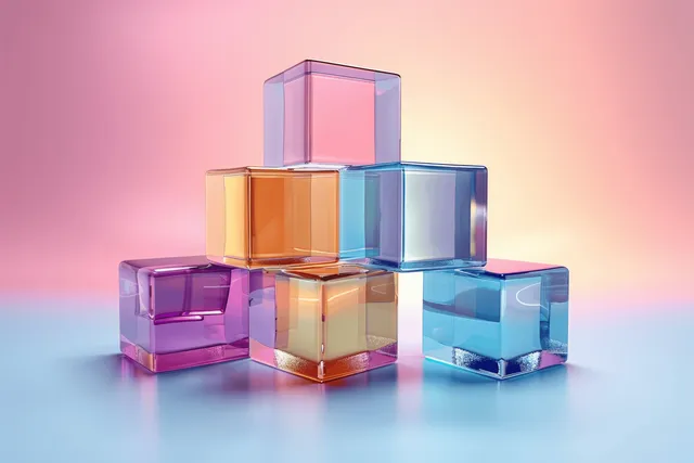 Transparent pastel cubes stacked together with glossy reflections on a soft pink-blue gradient background.