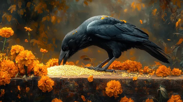 Black raven pecking rice grains surrounded by marigold petals in soft natural light