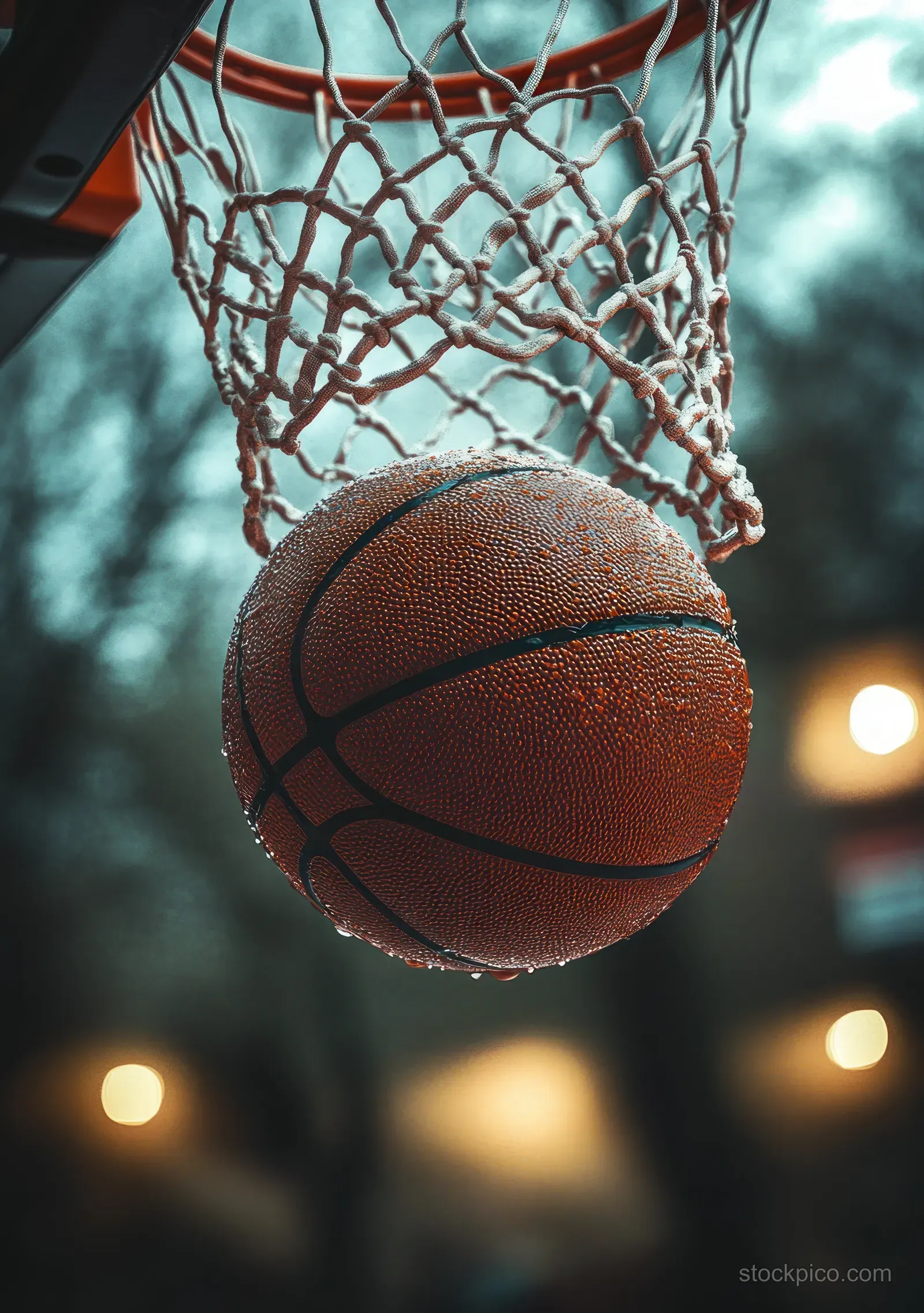 A wet basketball with water droplets falls through a hoop net on an outdoor court at dusk.