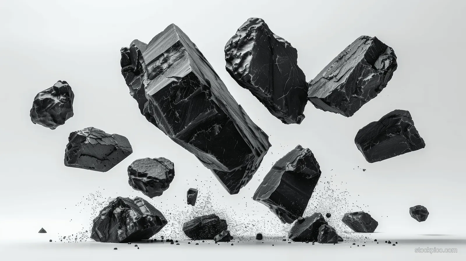 Broken charcoal chunks scatter and create a dense black dust cloud with floating particles on a white surface.