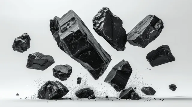 Broken charcoal chunks scatter and create a dense black dust cloud with floating particles on a white surface.