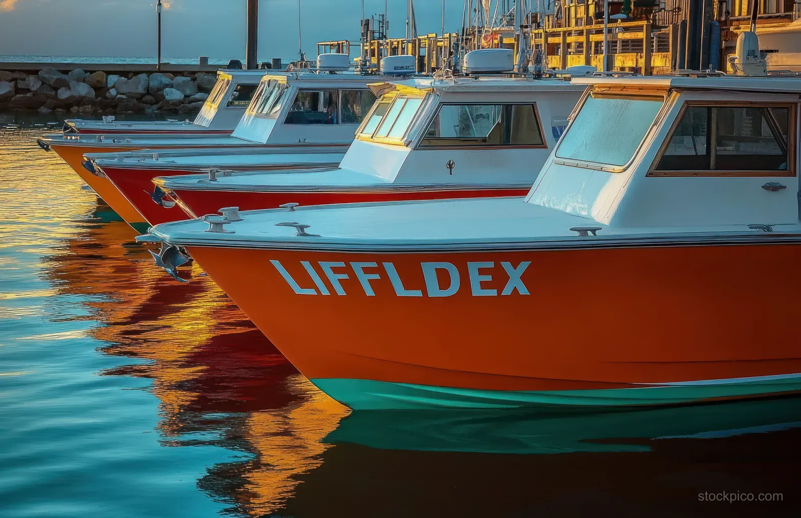 Orange and white boats are moored at a marina pier with golden light reflected in still water.
