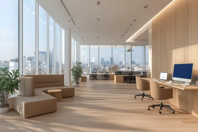 Minimal office lounge with large windows, light wood flooring, desks with monitors, and green potted plants.