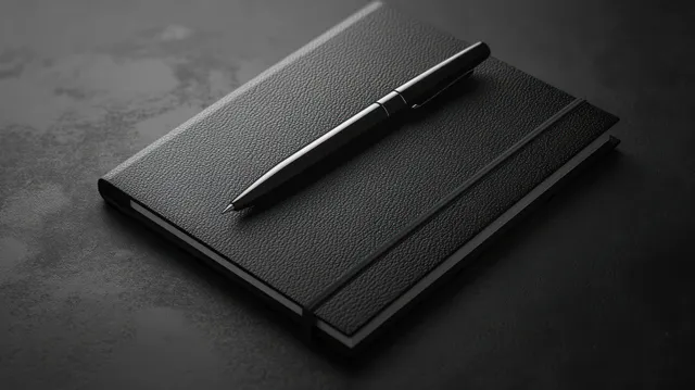 A closed black textured notebook with a black pen resting on top on a dark desk surface.