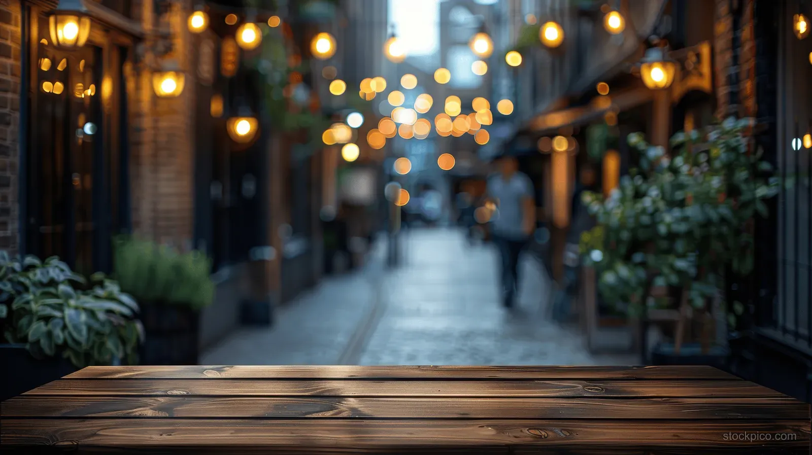 Empty wooden tabletop in front with defocused warm market lights in the background at night.
