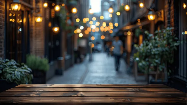 Empty wooden tabletop in front with defocused warm market lights in the background at night.