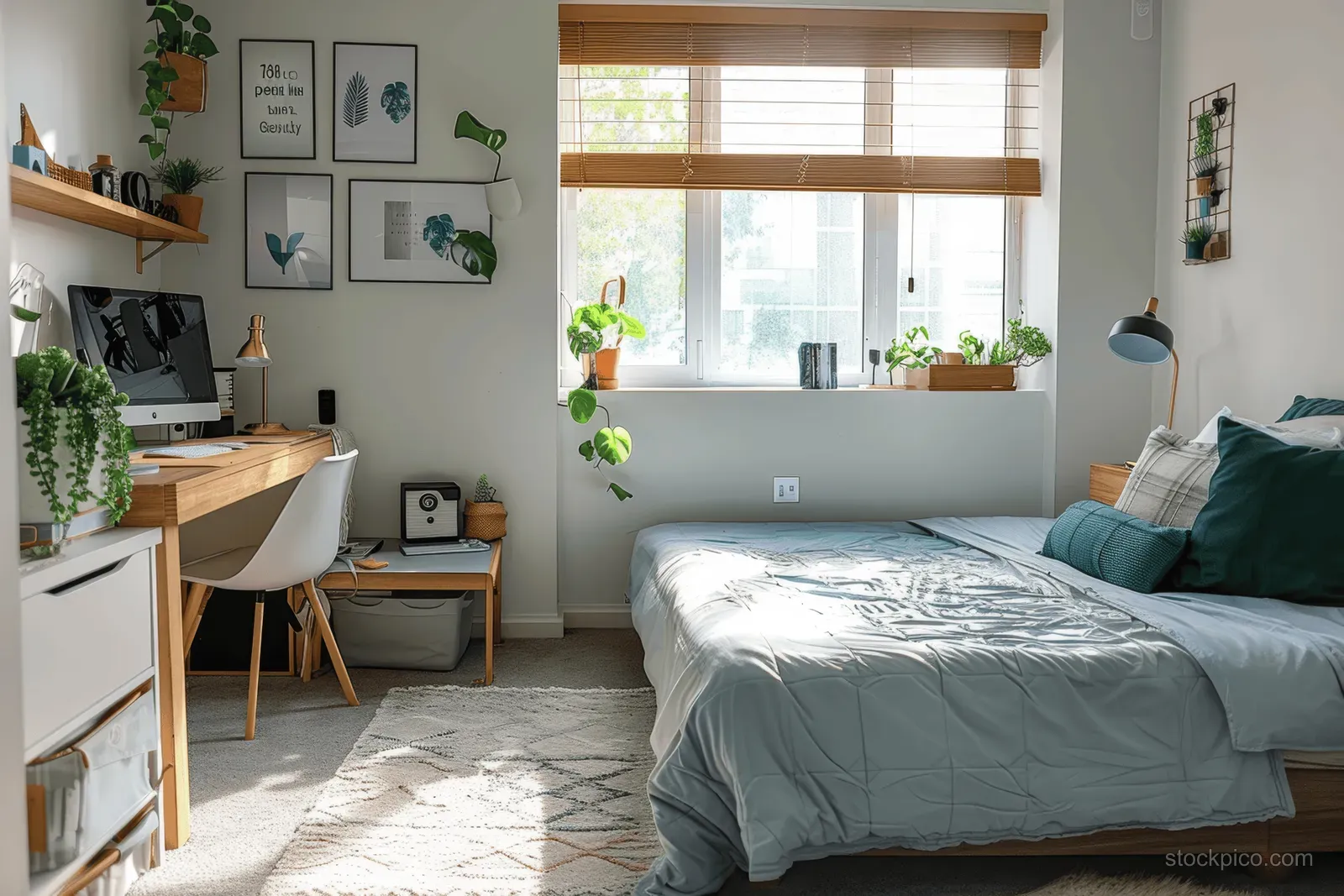 Sunlit minimalist teenage bedroom showing a made bed, desk setup, large windows, and small potted plants.