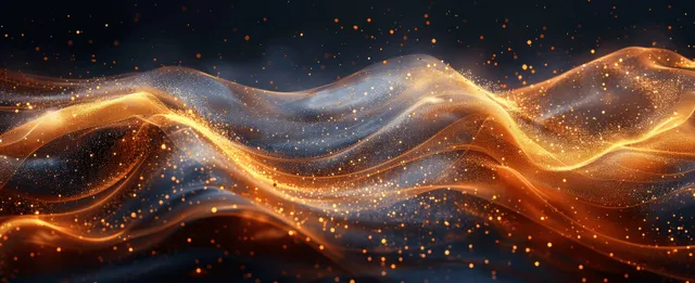 Golden and brown wave ribbons shimmer across a dark abstract 3D background