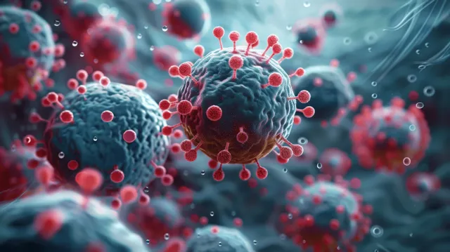 Stained microscopic view of a central virus surrounded by immune cells with red particles and blue cell membranes.