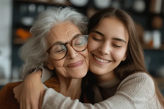 A young daughter hugs her smiling senior mother at home, their faces close in a warm affectionate embrace.