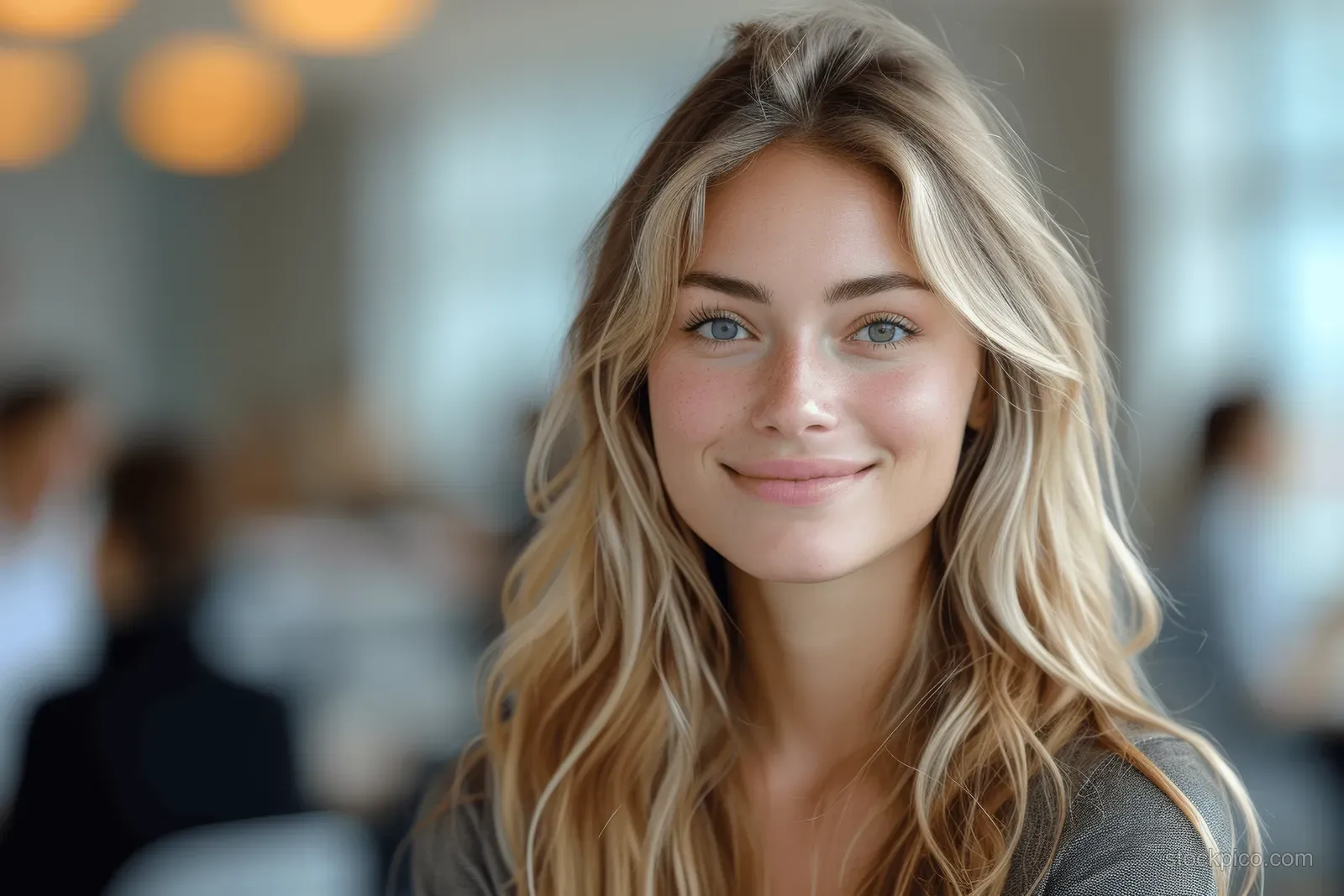 A smiling young woman with long blonde hair sits in a blurred office background.