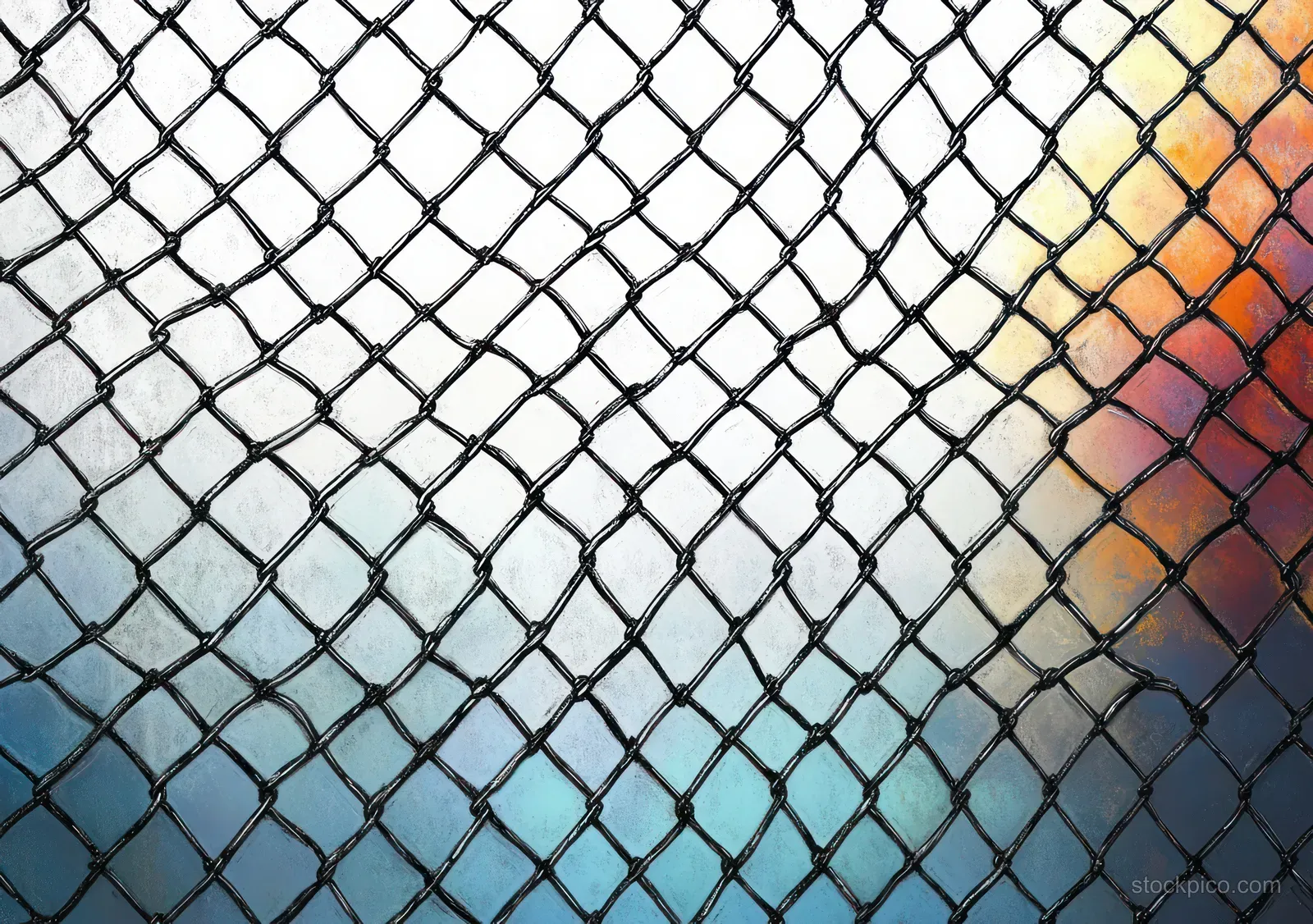 Close-up of a chain-link fence with a blurred orange and blue background behind the diamond wire pattern.
