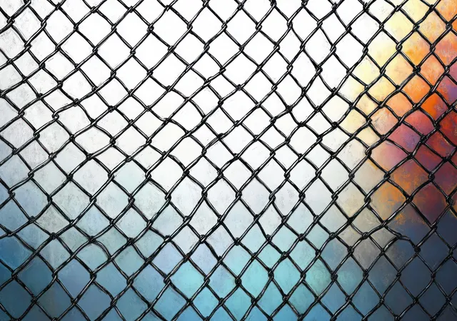 Close-up chain-link fence crossing an abstract multicolored background with geometric diamond pattern