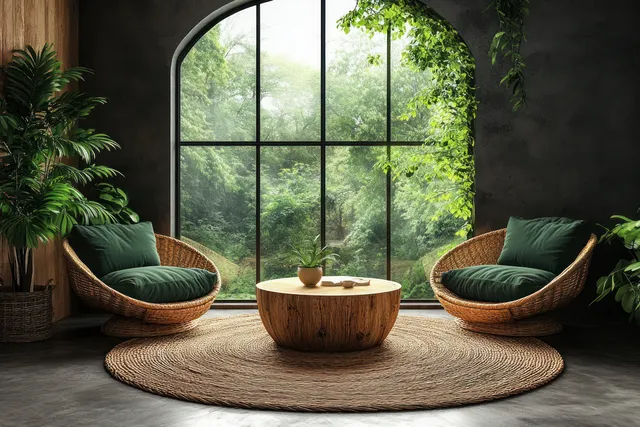 Scandinavian living room with green chairs, a round rug, low wooden coffee table, and wooden shelves beside a blank poster.
