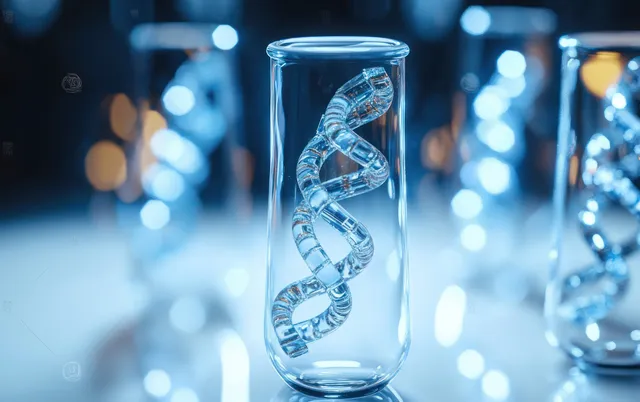 A transparent glass vial holds a glowing DNA helix under soft blue lighting with blurred bokeh lights behind.