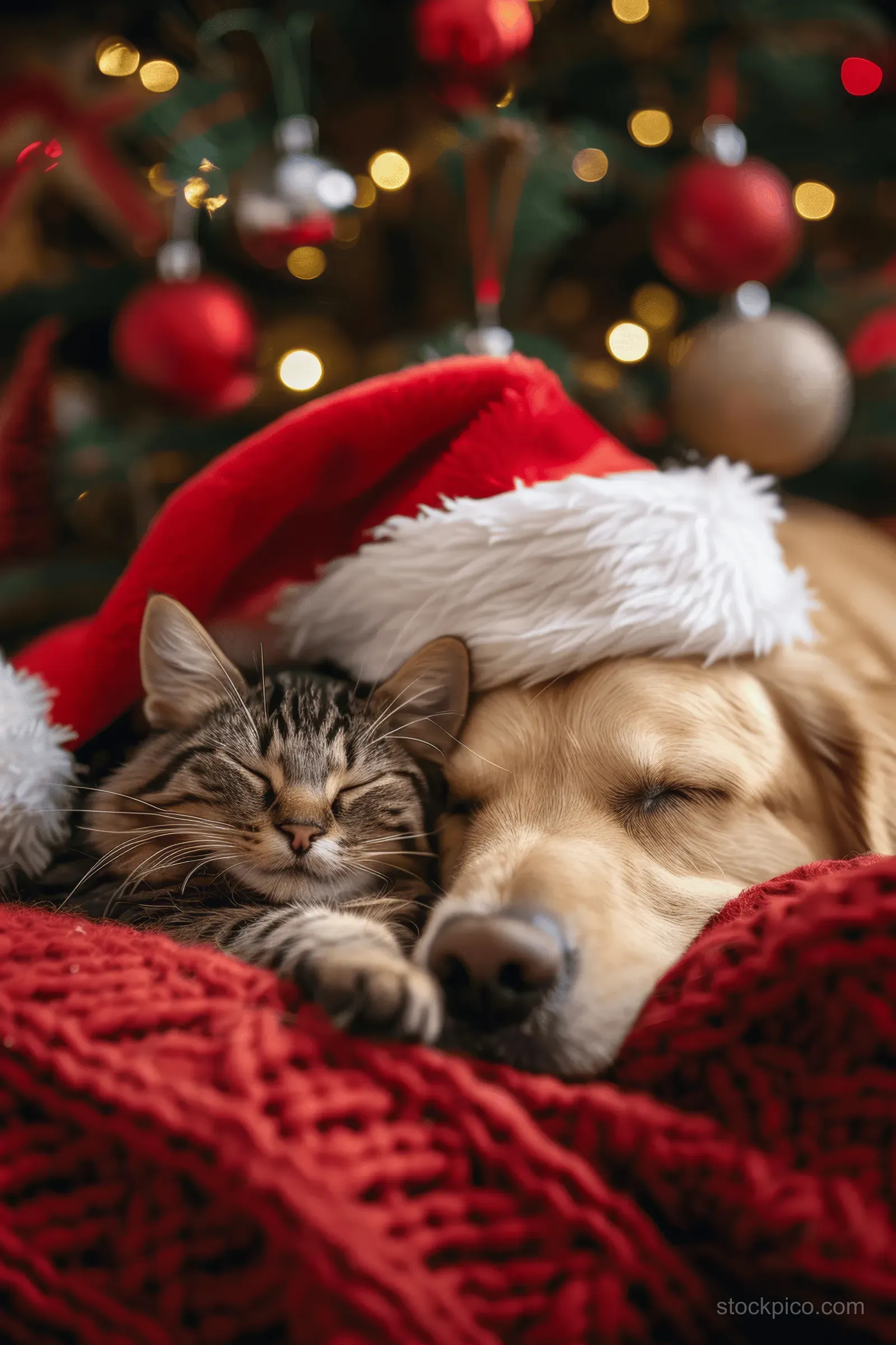 Golden retriever and tabby kitten sleeping together on a red blanket with Santa hats near a lit Christmas tree.