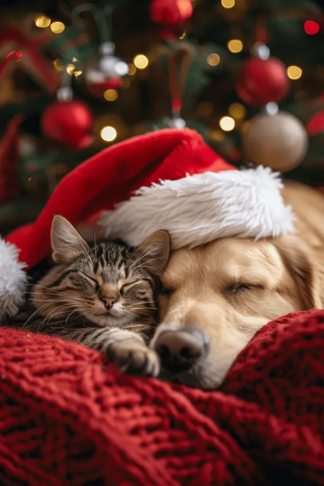 Golden retriever and tabby kitten cuddling in red blanket wearing Santa hats