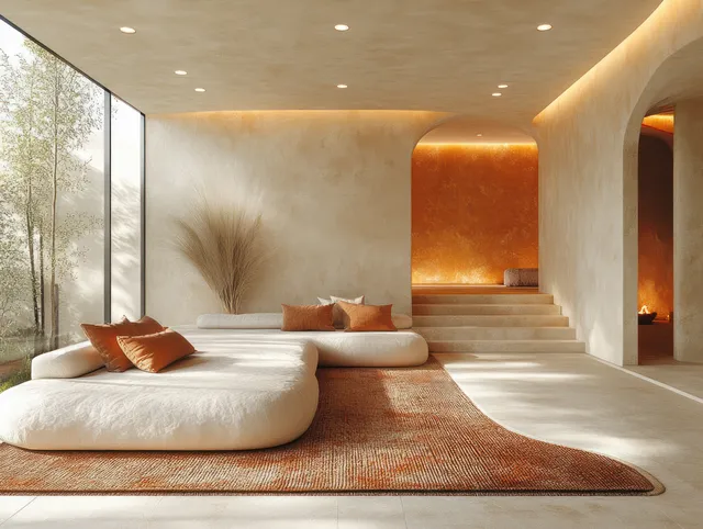 Minimalist living room with panoramic windows, warm recessed lighting, and a low sofa against a terracotta accent wall.