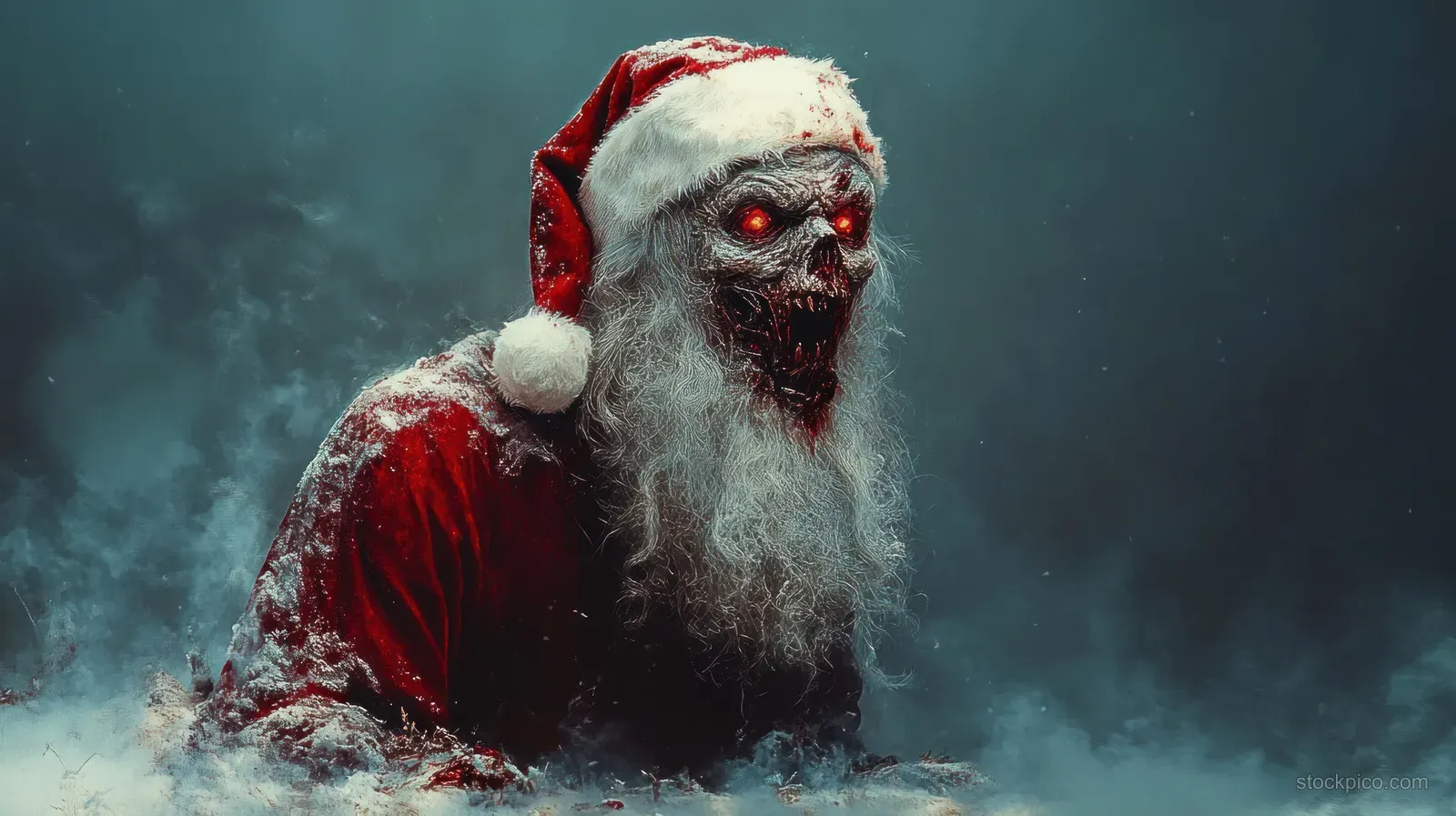 Undead Santa zombie crouches in thick fog wearing a tattered coat and santa hat with glowing red eyes.