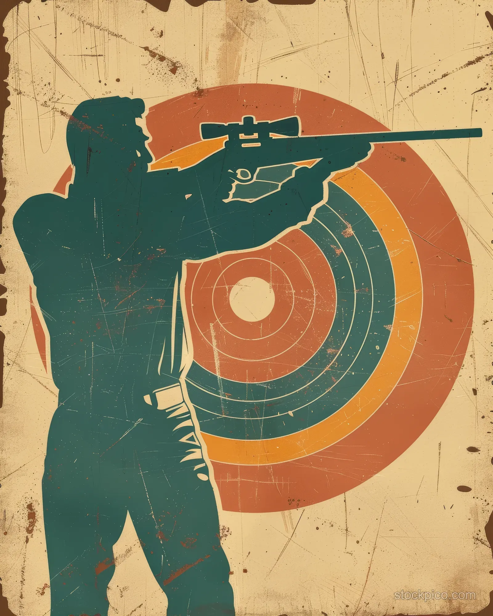 Vintage poster showcasing Italian pistol marksmanship at 50 meters with retro typography and dynamic action composition.