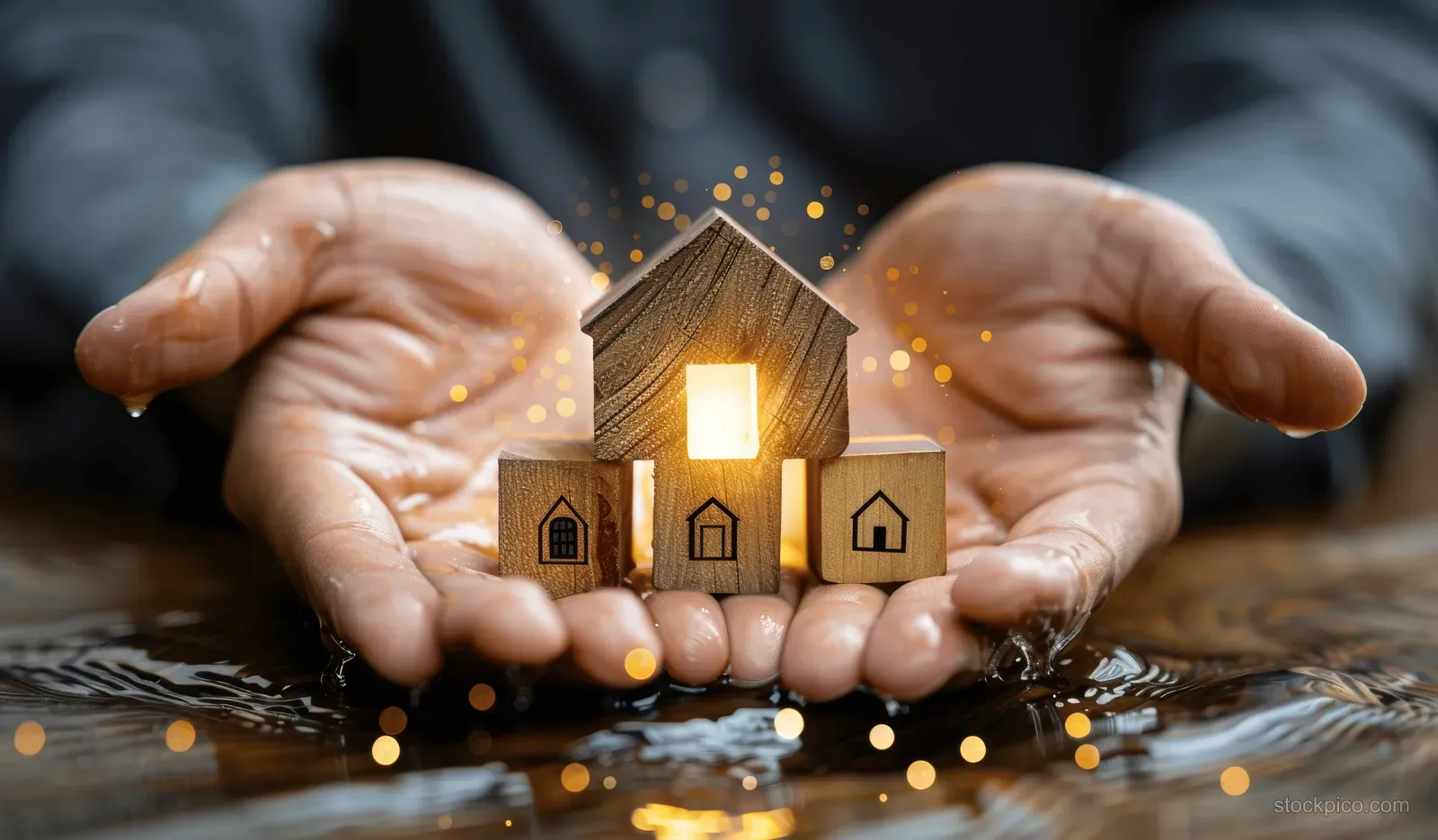 Two hands cradle a glowing model house while gold spark particles float above a dark wooden surface.