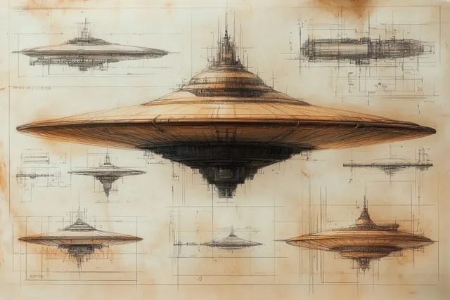 Blueprint sheet with top, front, and side views plus cross-sections of a circular futuristic spacecraft on aged paper.